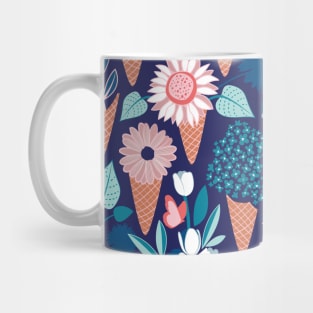 Midsummer I scream flower cones // pattern // navy blue background pink coral and aqua and teal flowers bouquets Mug